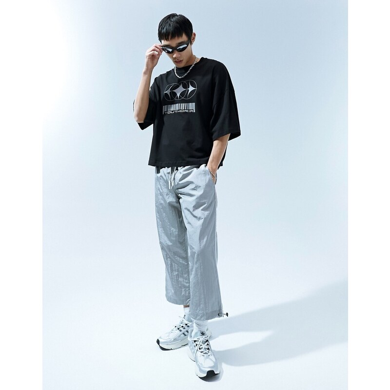 ASOS DESIGN - Pantaloni in nylon color argento con coulisse