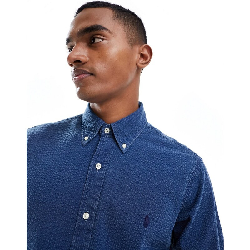 Polo Ralph Lauren - Camicia in tessuto seersucker blu indaco con logo-Blu navy