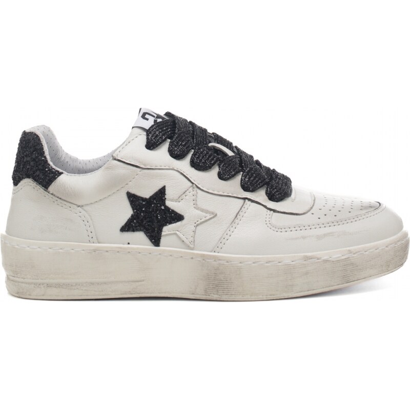 2 Star sneakers donna platform effetto vintage con stelle glitter bianco e nero