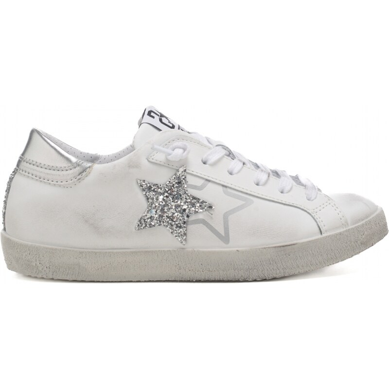 2 Star sneakers donna fondo a cassetta con stelle glitter bianco e argento