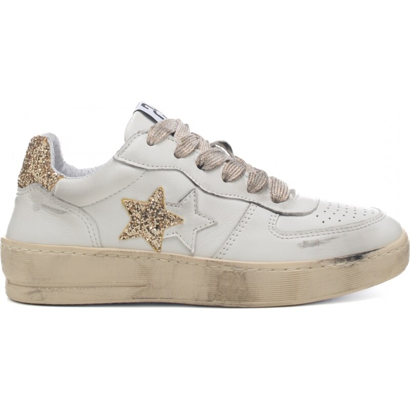 2 Star sneakers donna platform effetto vintage con stelle glitter bianco e oro