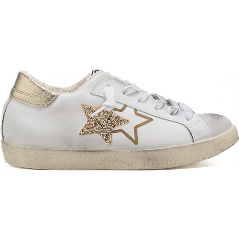 2 Star sneakers donna fondo a cassetta con stelle glitter bianco oro effetto vintage