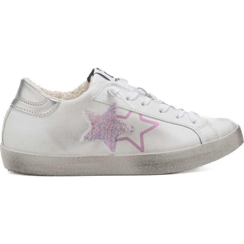 2 Star sneakers donna fondo a cassetta con stelle glitter bianco rosa