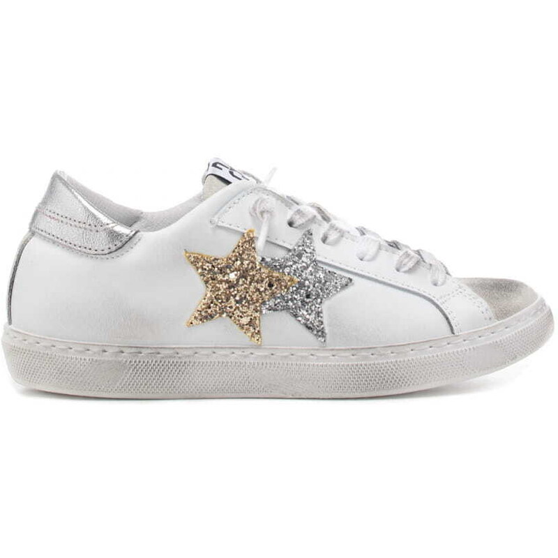 2 Star sneakers donna fondo a cassetta con stelle glitter bianco oro argento