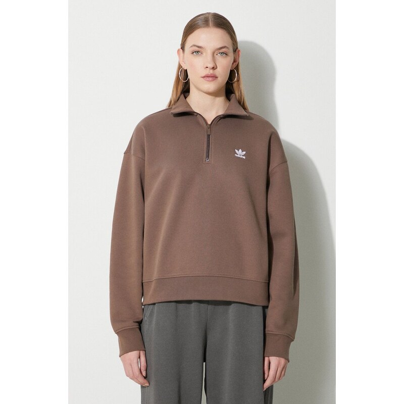 adidas Originals felpa Essentials Halfzip Sweatshirt donna colore marrone con applicazione IR5938