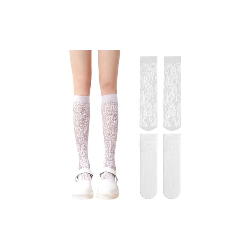 Abeillo 2 Paia Di Calze Alte In Pizzo E Raso Con Fiocco - Calze Da Donna Sopra Il Ginocchio, Elastiche E Comode, Per Costumi E Feste (Bianco)