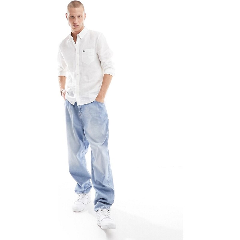 Lacoste - Camicia in lino a maniche lunghe bianca-Bianco