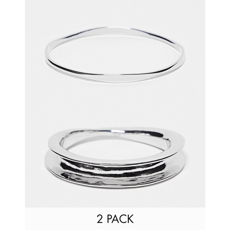 ASOS DESIGN - Confezione da 2 bracciali rigidi color argento sottili con curvature
