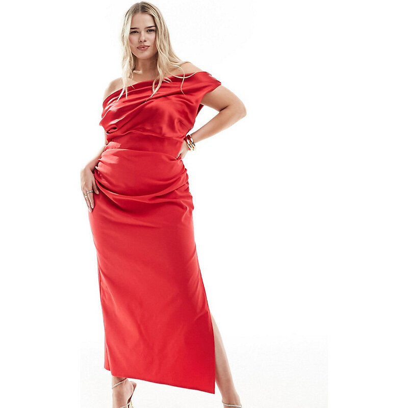 ASOS Curve Esclusiva ASOS DESIGN Curve - Vestito midi con scollo Bardot in raso strutturato rosso