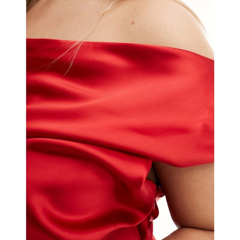 ASOS Curve Esclusiva ASOS DESIGN Curve - Vestito midi con scollo Bardot in raso strutturato rosso