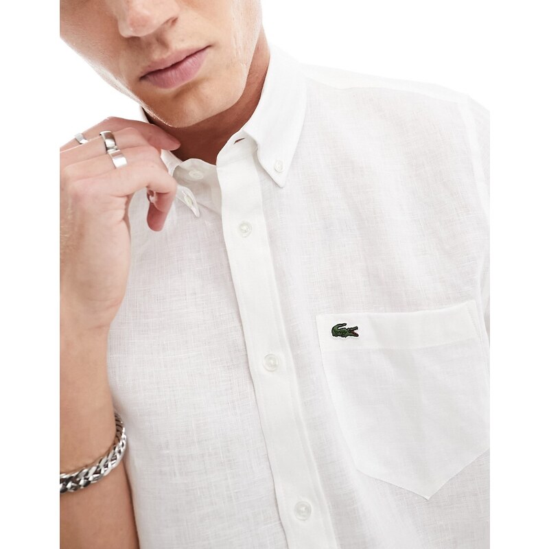 Lacoste - Camicia bianca in lino a maniche corte-Bianco