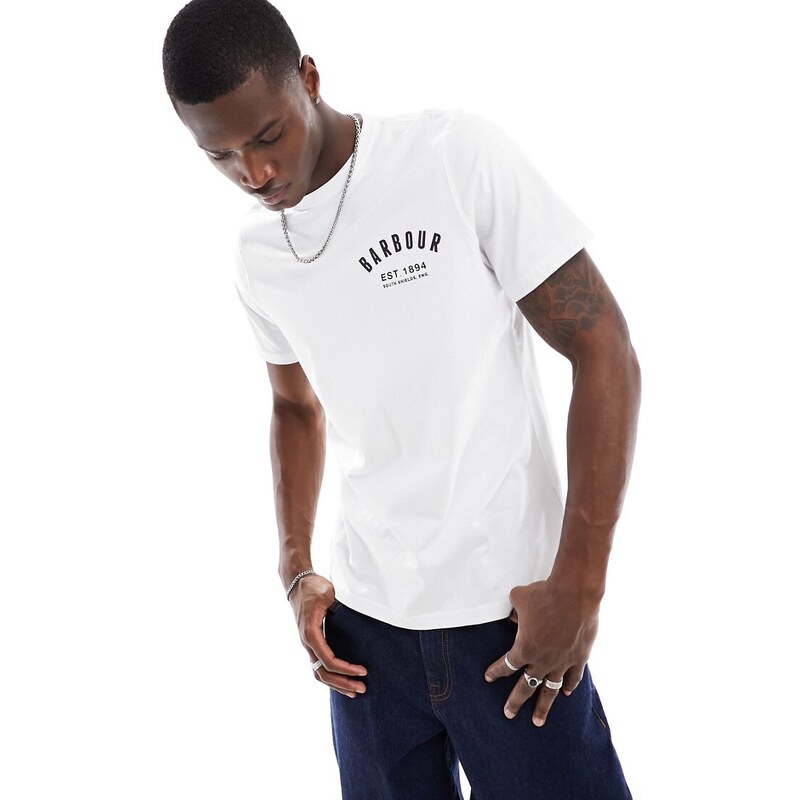 Barbour - T-shirt bianca con logo piccolo stile college-Bianco