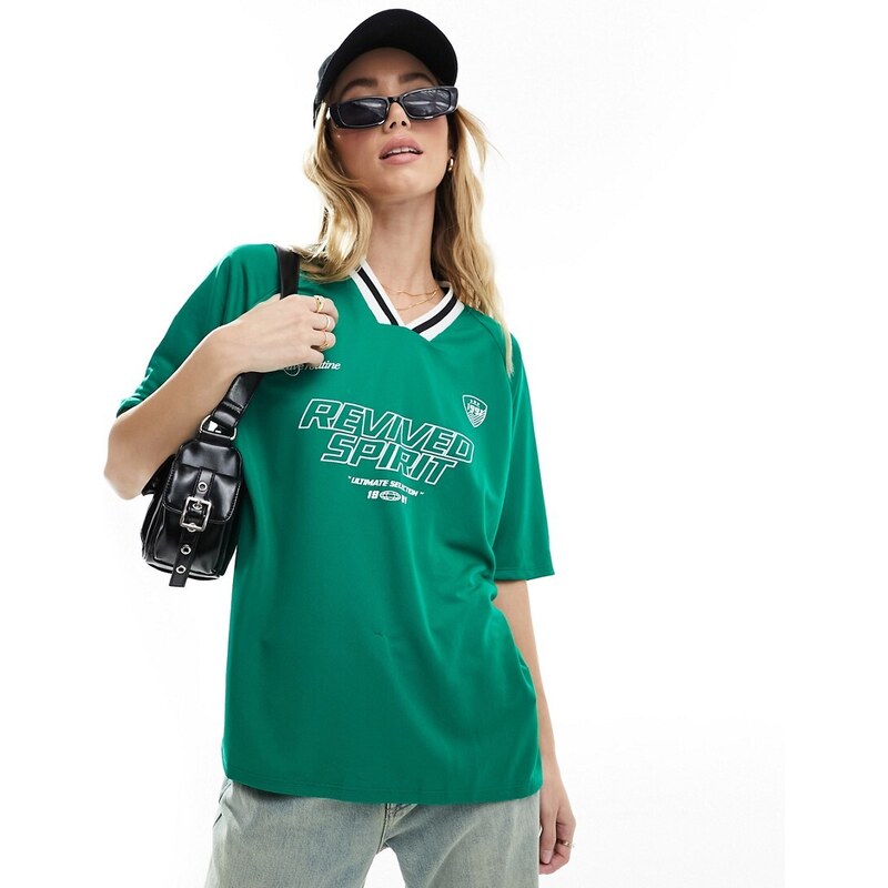 Pull&Bear - T-shirt stile football oversize verde con grafica