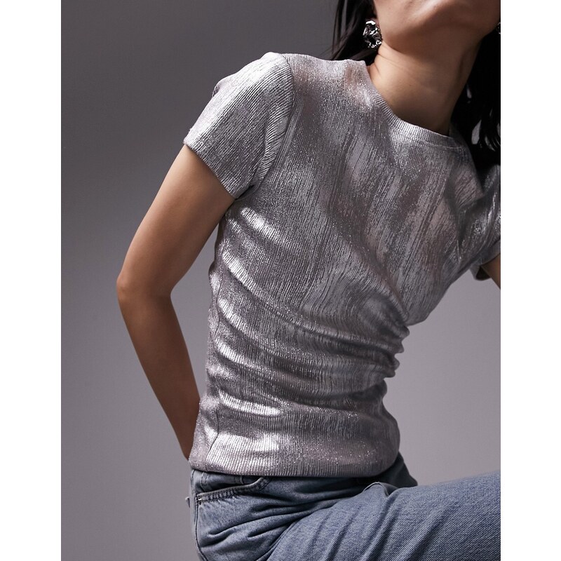 Topshop - T-shirt argento con stampa laminata