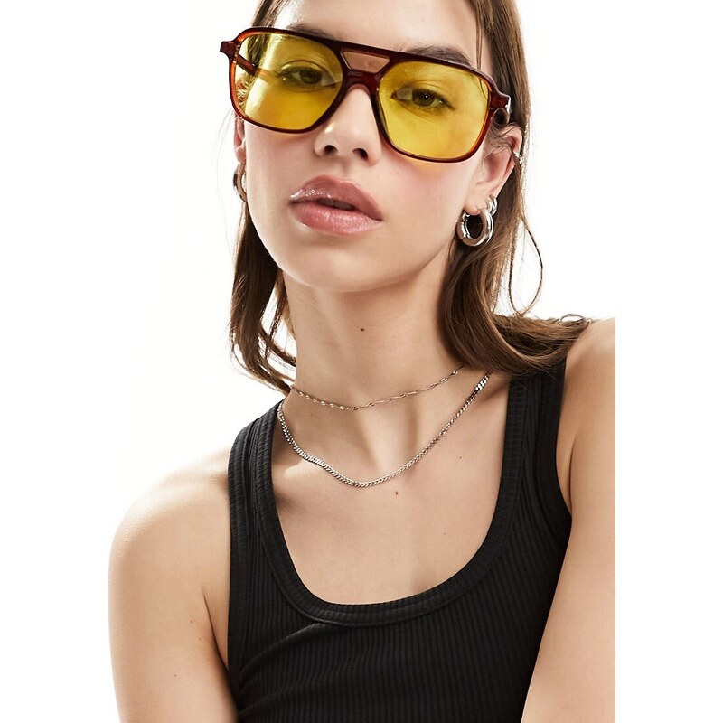 ASOS DESIGN - Occhiali fashion stile aviatore con montatura sottile e lenti gialle-Marrone
