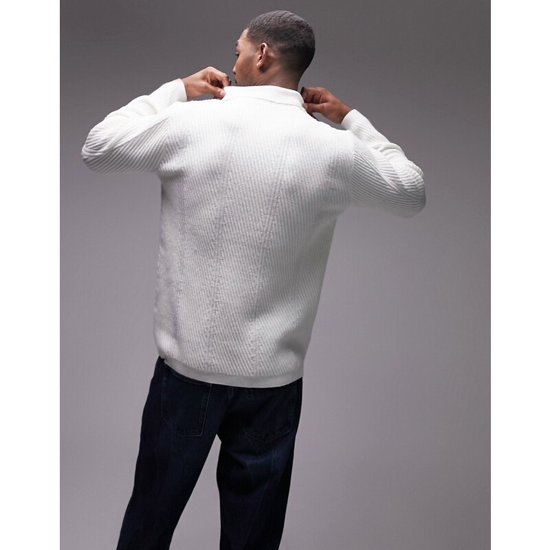 Topman - Maglione bianco elegante con zip e motivo a spina di pesce