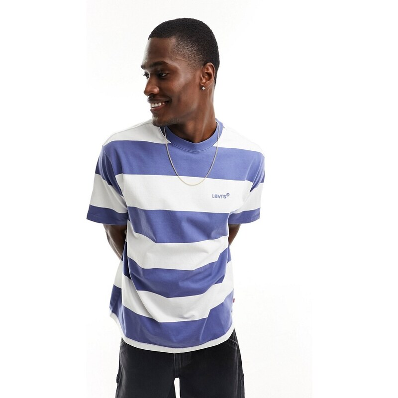 Levi's - T-shirt oversize blu navy e bianca a righe con logo piccolo-Bianco
