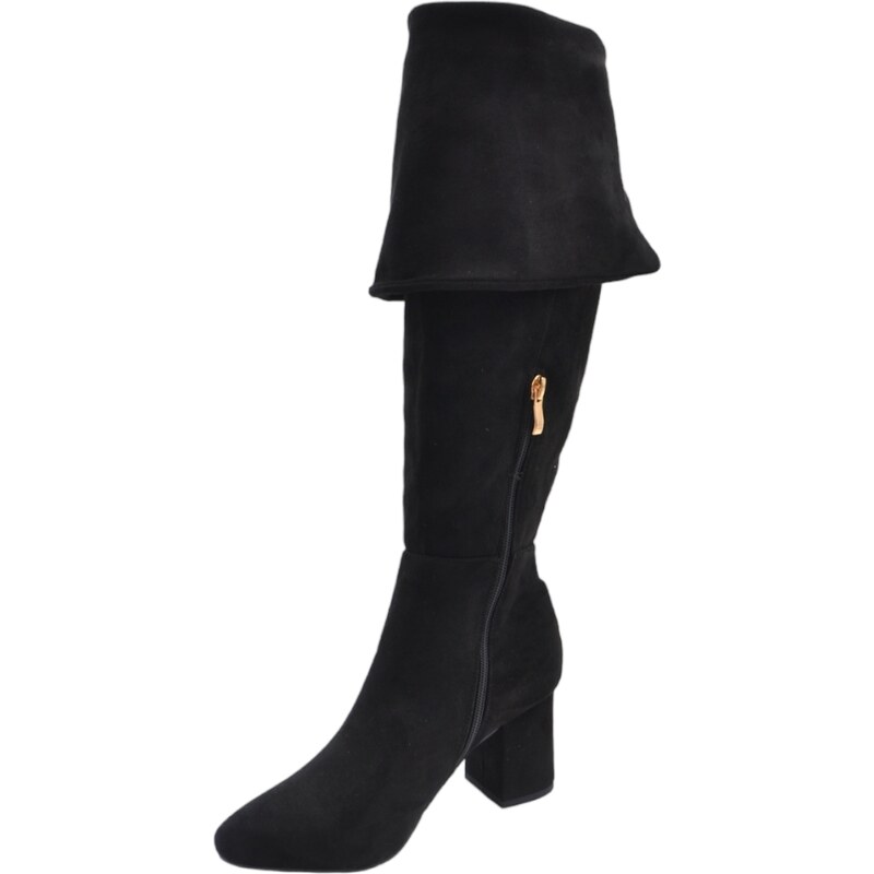 Malu Shoes Stivale donna a punta quadrata alto in camoscio nero sopra al ginocchio o con risvolto tacco quadrato basso 5 cm con zip