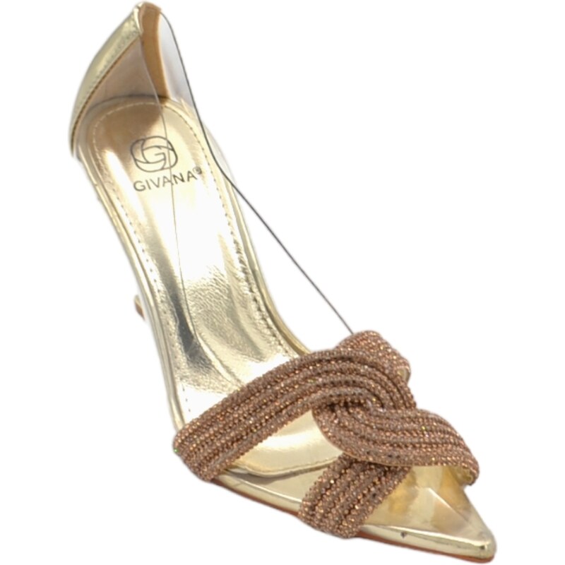 Malu Shoes Decollete scarpa donna a punta trasparente con nodo oro gioiello brillantino tacco martini 10 elegante evento glam