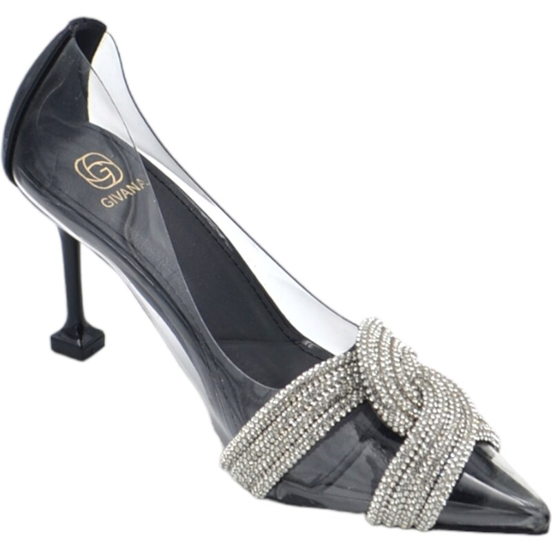 Malu Shoes Decollete scarpa donna a punta nero trasparente con nodo argento gioiello brillantino tacco martini 10 elegante evento