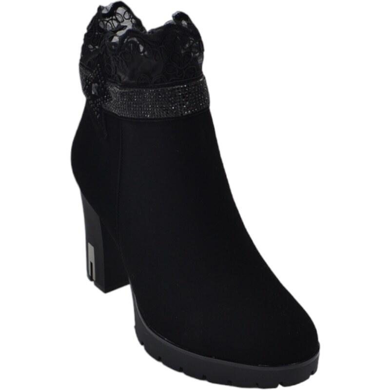Malu Shoes Scarpe tronchetto stivaletto camoscio nero donna tacco largo 7cm plateau 2cm merletto alla caviglia zip dettagli argent
