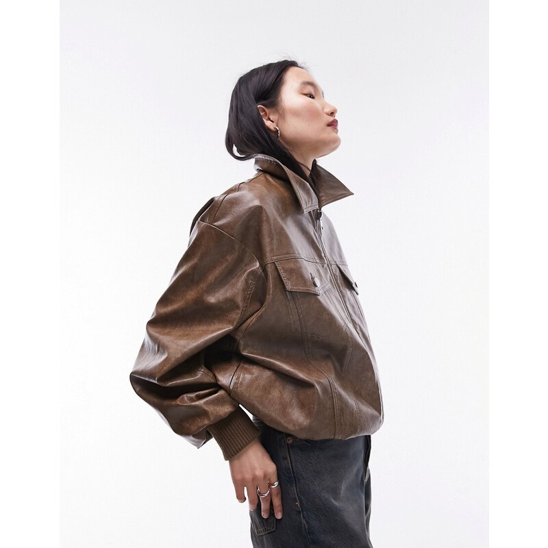 Topshop Giacca bomber in pelle sintetica marrone slavato
