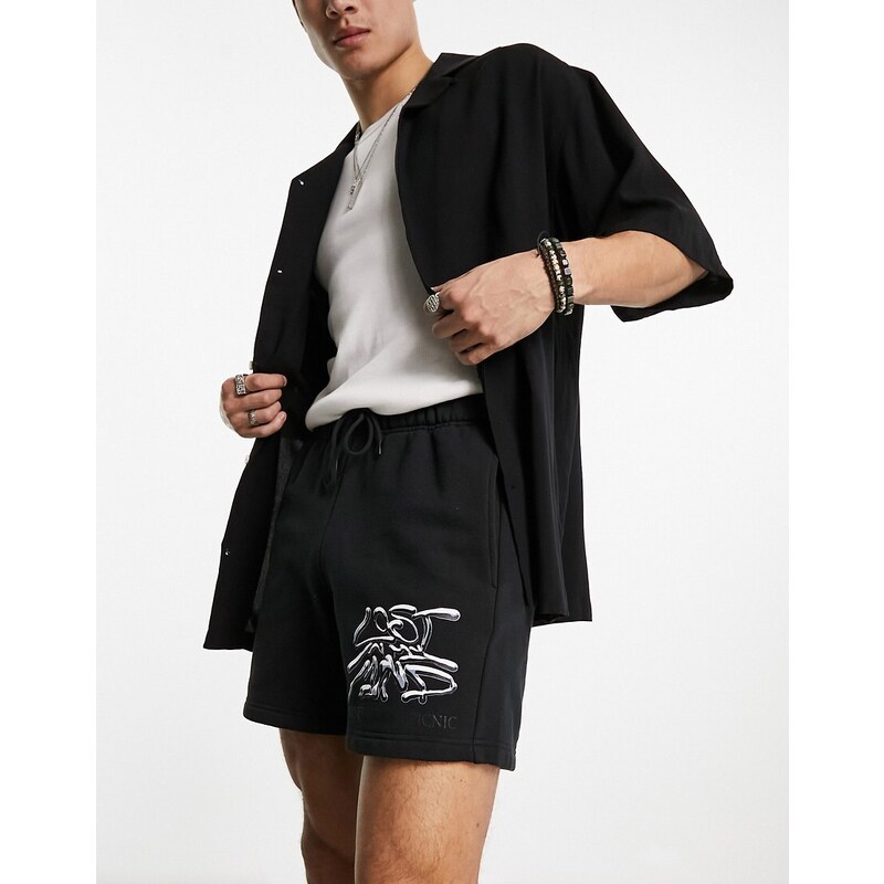 Coney Island Picnic - Pantaloncini in jersey neri con stampa "Lost Mind" in coordinato-Nero