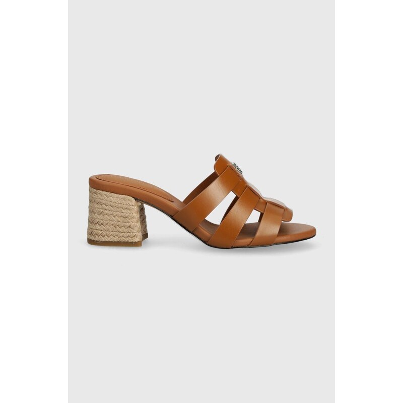 Tommy Hilfiger infradito in pelle BLOCK MID HEEL LEATHER SANDAL donna colore marrone FW0FW08049