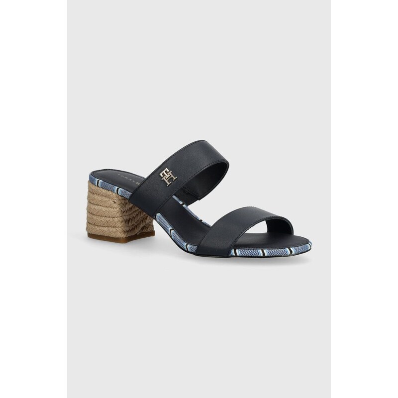Tommy Hilfiger infradito in pelle BLOCK MID HEEL SHIRTING SANDAL donna colore blu navy FW0FW07742