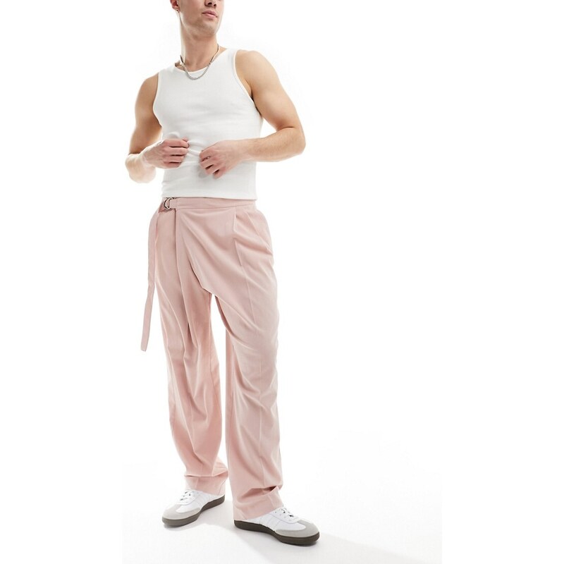 ASOS DESIGN - Pantaloni eleganti a fondo ampio in misto lino color rosa polvere con taglio a portafoglio asimmetrico