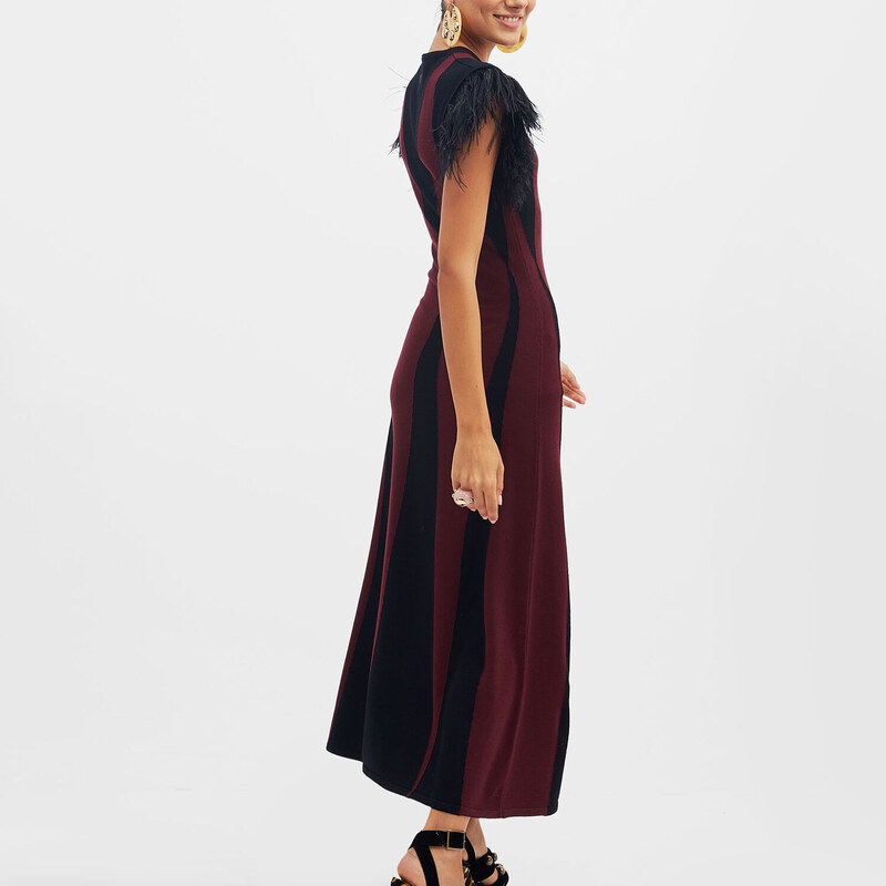 La DoubleJ Dresses gend - Harlequin Sleeveless Dress Bordeaux & Black L 98%Extrafine Merino Wool 2%Ostrich Feathers