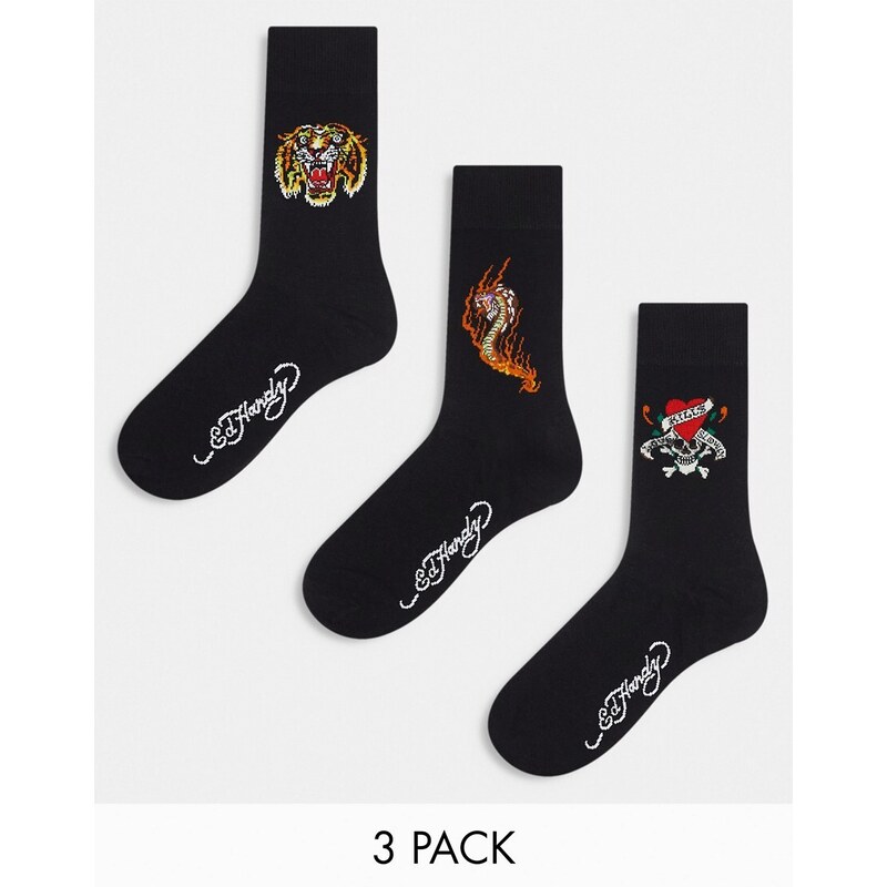 Ed Hardy - Tinta - Confezione da 3 paia di calzini neri con stampa stile tatuaggio-Nero