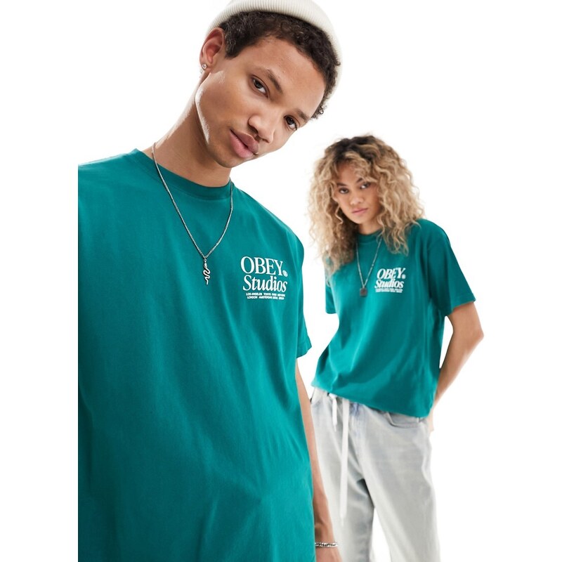 Obey - T-shirt unisex pesante verde con stampa "Studios"