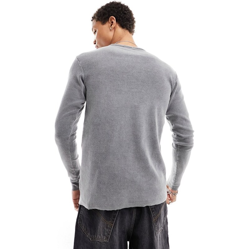 Pull&Bear - T-shirt a maniche lunghe grigio slavato a coste-Nero