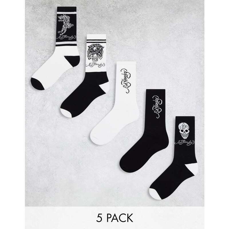 Ed Hardy - Rocama - Confezione da 5 calzini sportivi color bianco e nero-Multicolore