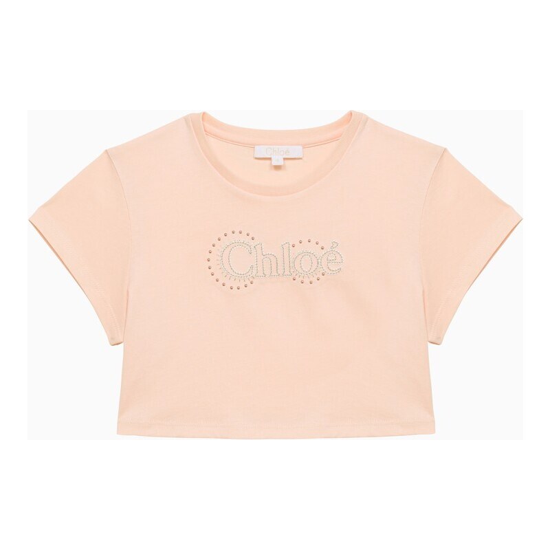 Chloé T-shirt croped rosa pallido in cotone con logo