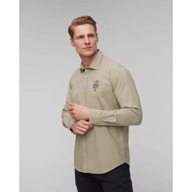 Camicia elástica verde militare in lino-cotone manica corta