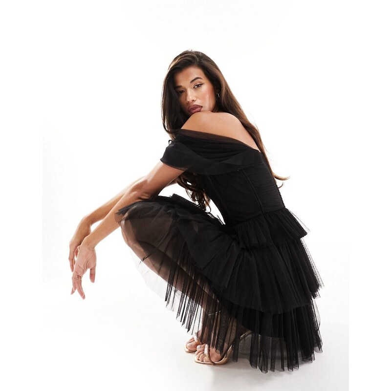 Lace & Beads - Vestito corto in tulle nero stile corsetto con spalle scoperte