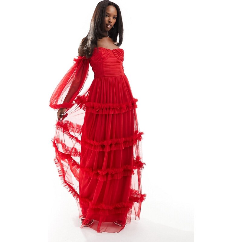 Lace & Beads - Vestito lungo in tulle rosso con volant e maniche trasparenti