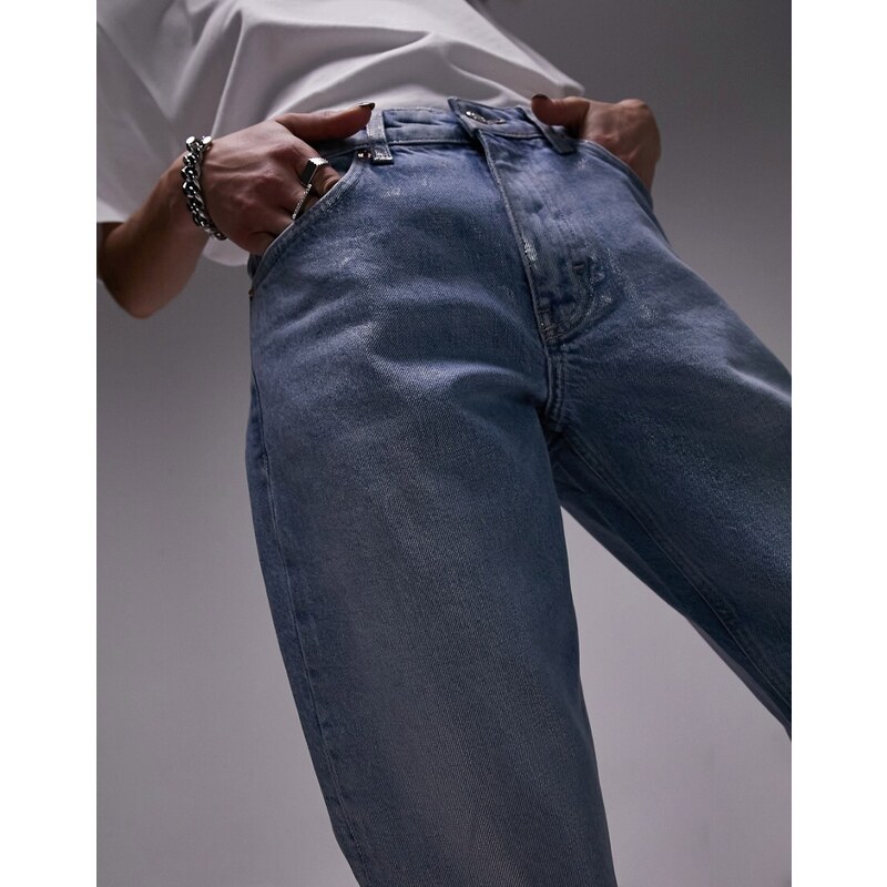 Topshop - Jeans dritti cropped a vita medio alta con bordi grezzi color argento