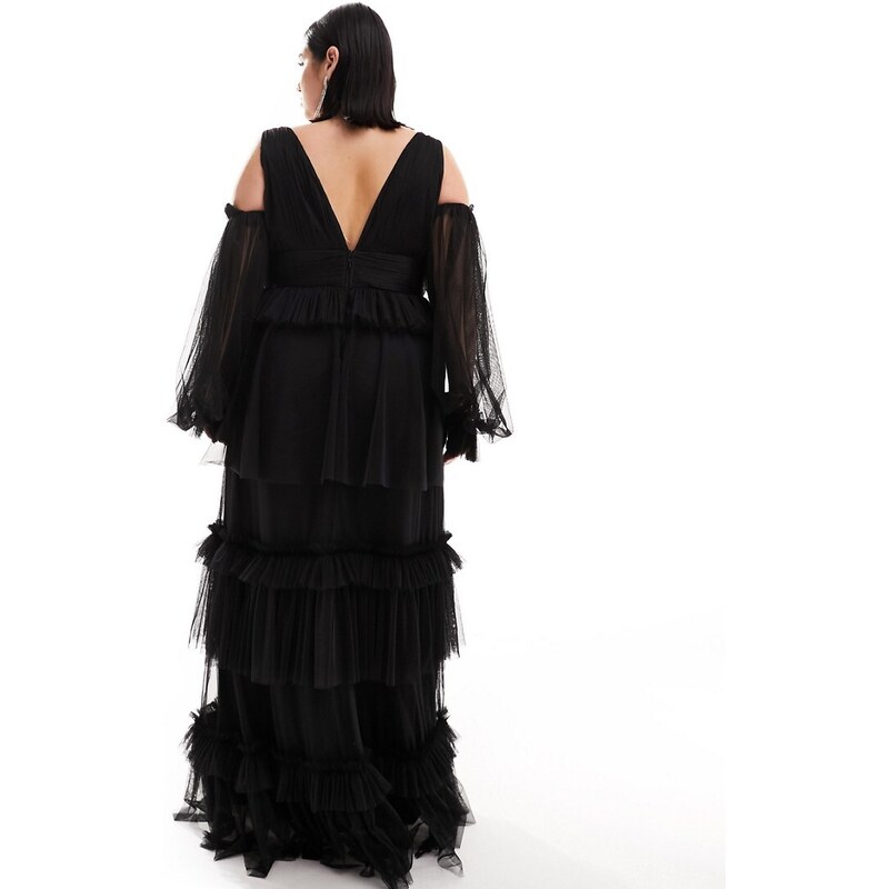Lace & Beads Plus - Vestito lungo a balze nero in tulle con maniche trasparenti