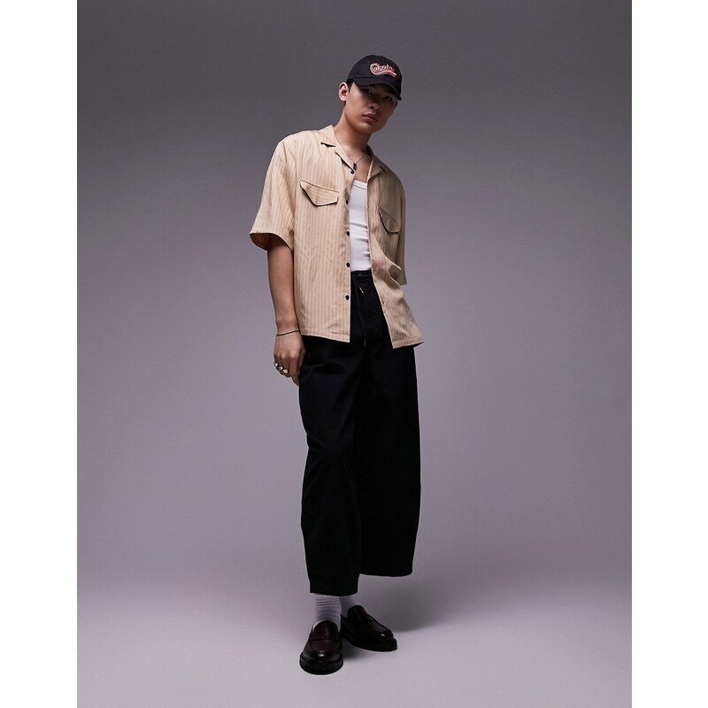 Topman - Camicia a maniche corte vestibilità comoda con rever e due tasche color cammello a righe-Neutro