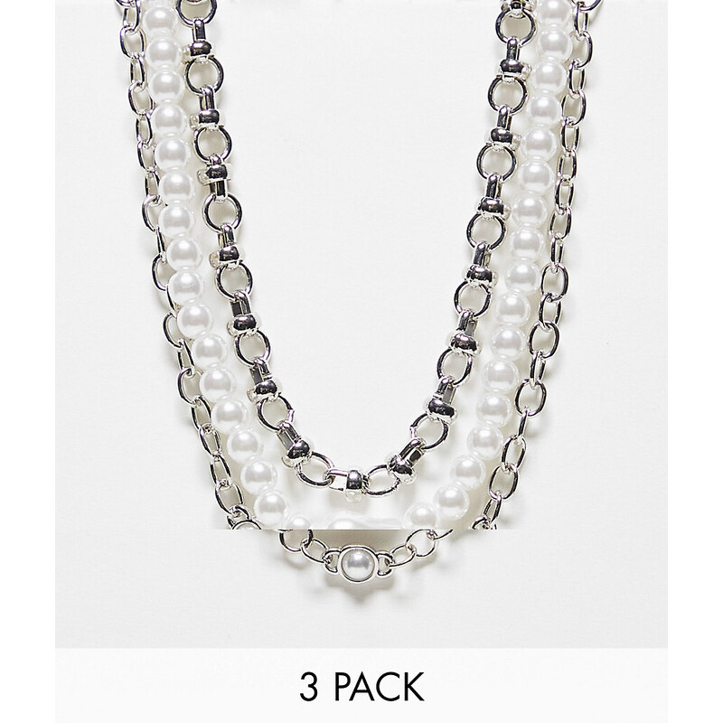 Icon Brand - Seasonal - Confezione di 3 collane argentate con perle-Argento