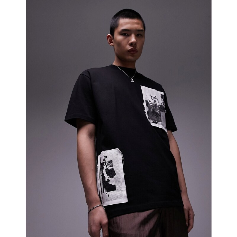Topman T-shirt premium oversize nera con toppe a fiori effetto