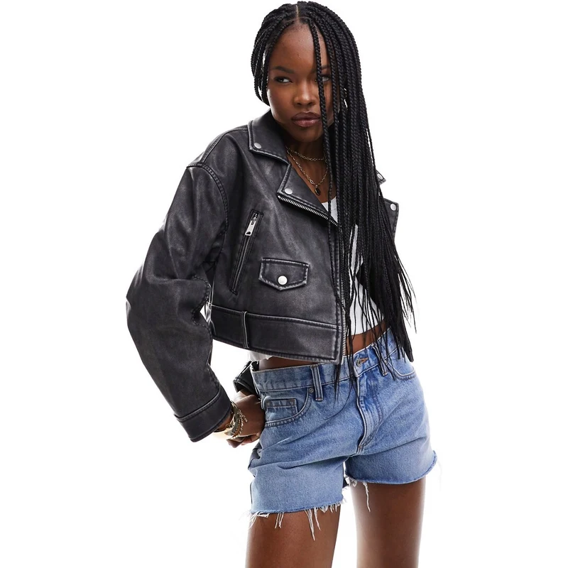 Pimkie Giacca biker corta in pelle sintetica nera effetto invecchiato