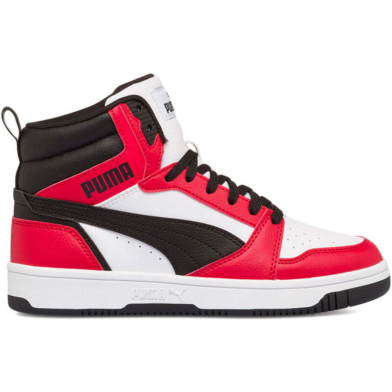 Sneakers alte bianche, rosse e nere da ragazzo Puma Rebound V6 Mid Jr