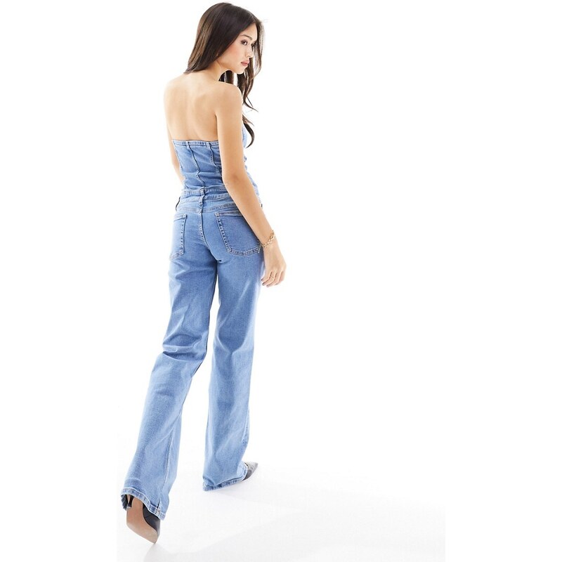 Mango - Tuta jumpsuit in denim blu chiaro con scollo Bardot