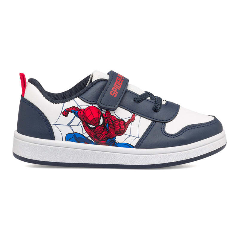 Sneakers primi passi bianche e blu da bambino con logo Spiderman