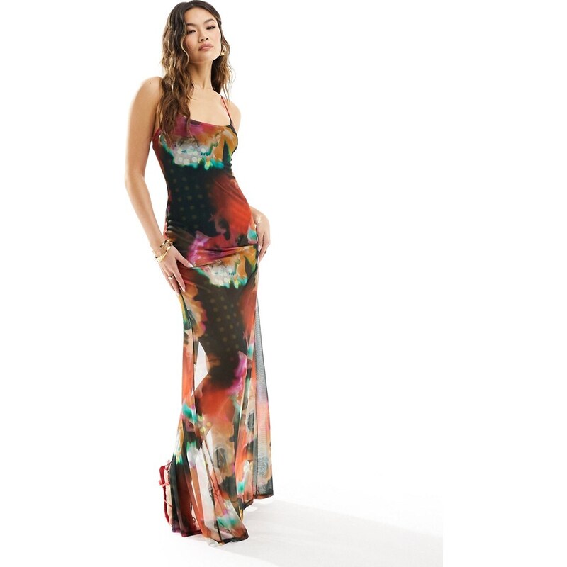 ASOS DESIGN - Vestito lungo con spalline sottili, laccetti a contrasto e stampa a fiori sfumata-Multicolore