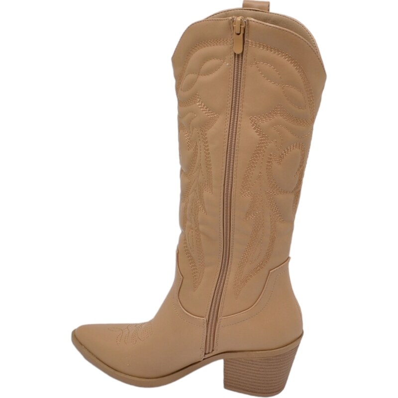 Malu Shoes Stivali donna camperos beige texani stile western con cuciture in rilievo fulmine tacco legno 5 cm con zip laterale